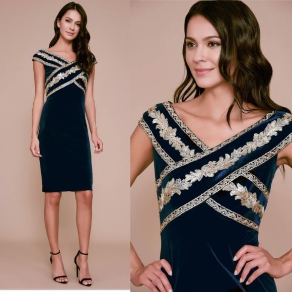 Tadashi Shoji Dresses & Skirts - NWT Tadashi Shoji TAMAN SEQUIN VELVET DRESS BAL19068M Navy Gold Size L
